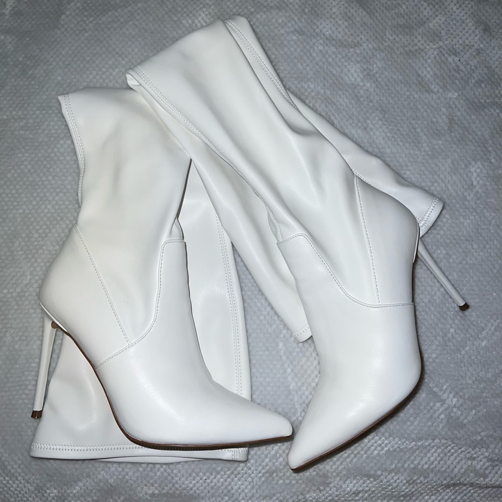 White thigh high boots